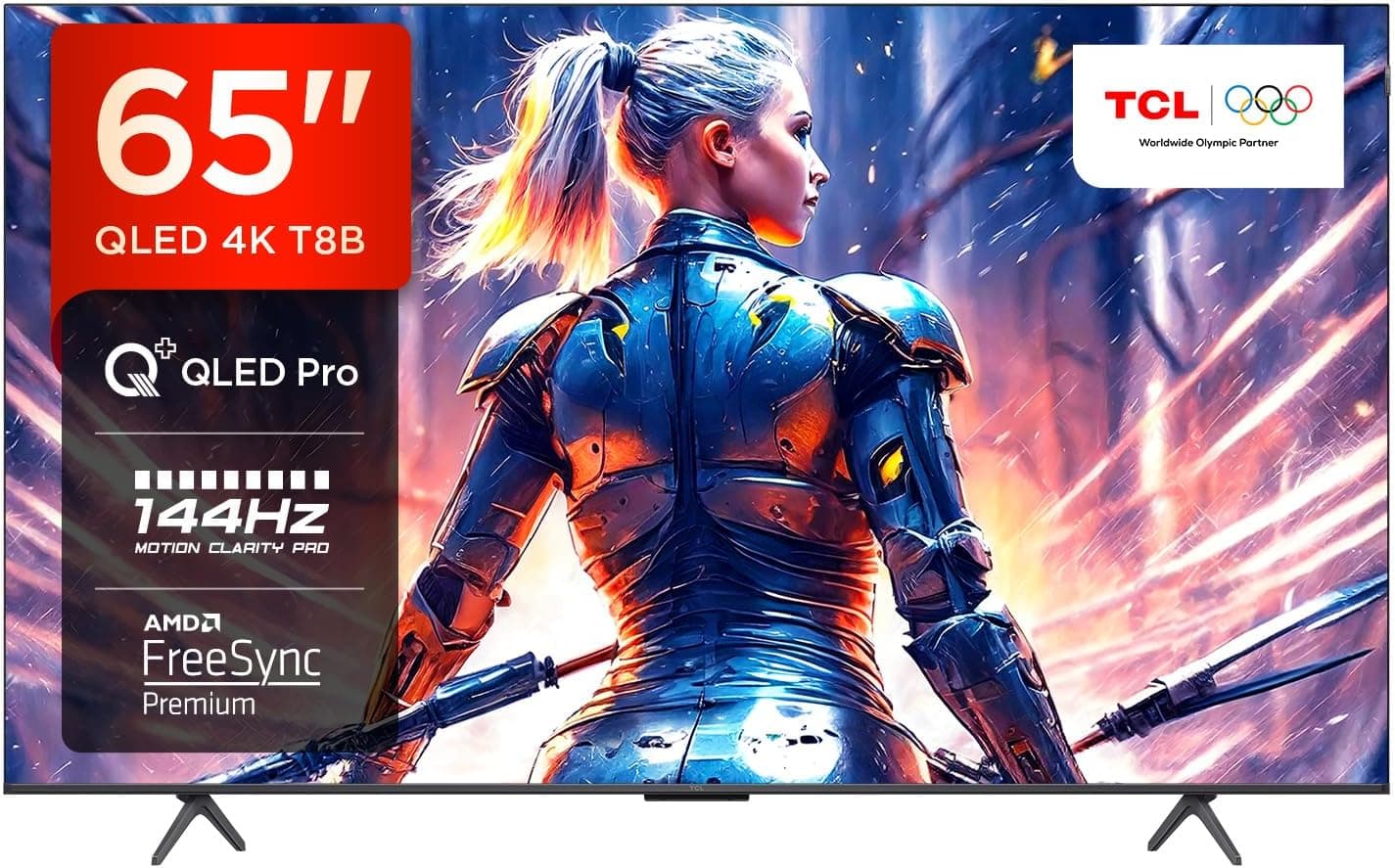TCL 65T8B Gaming TV Onkyo QLED Pro de 65" e 144 Hz, 4K ultra HD, HDR Pro, Smart TV Powered by Google TV (Dolby Vision IQ e Atmos, Motion Clarity, controlo de voz mãos livres)