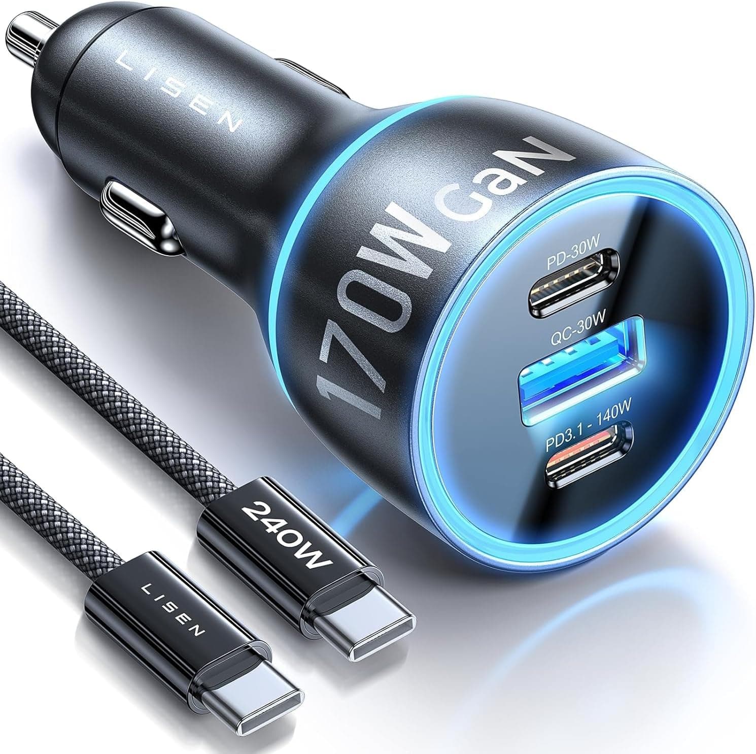 LISEN 170 W Carregador de carro com carregamento rápido USB C PD3.1 & QC3.0 