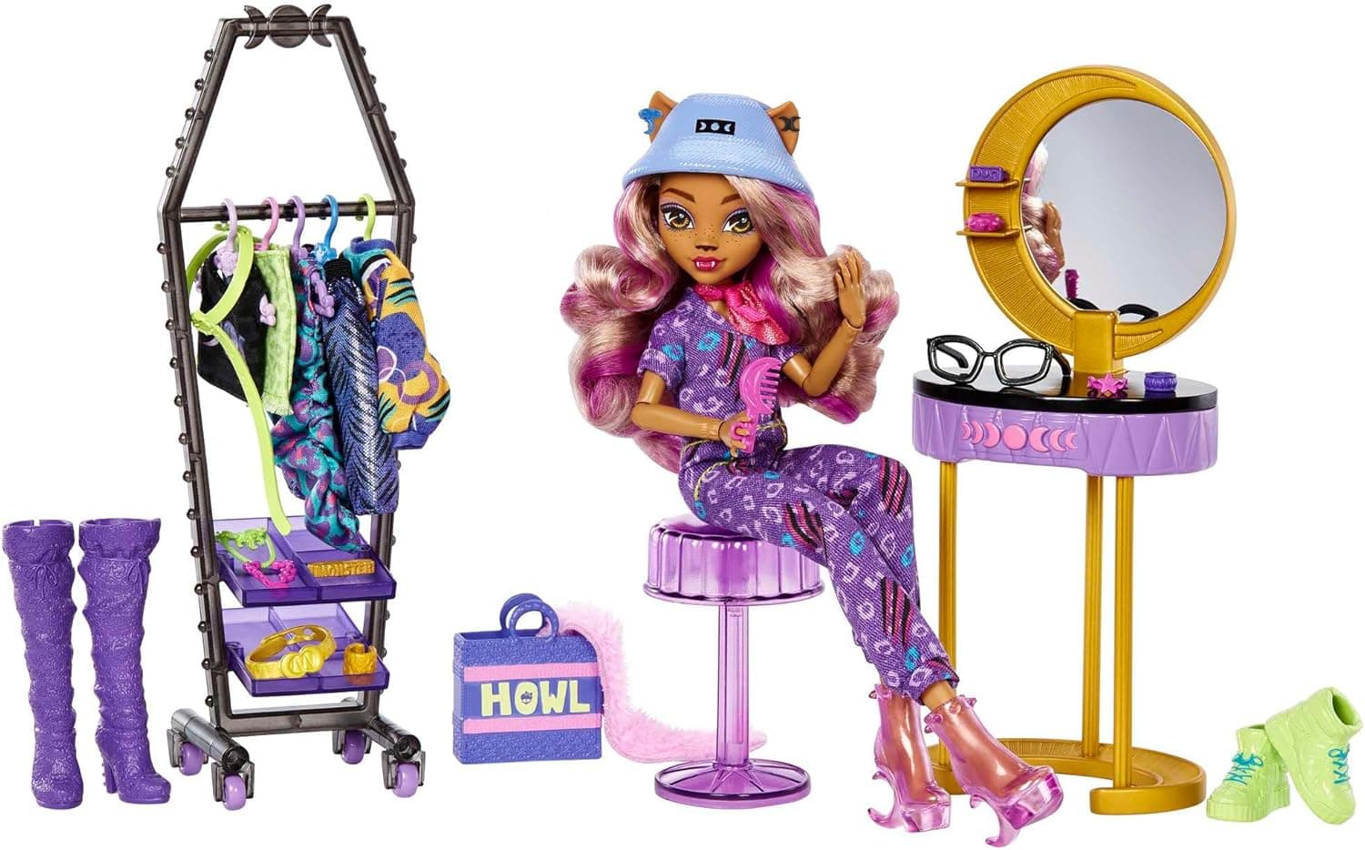 Monster High Estúdio de moda Clawdeen Wolf boneca com toucador, roupa e acessórios, brinquedo + 4 anos (Mattel HKY70)