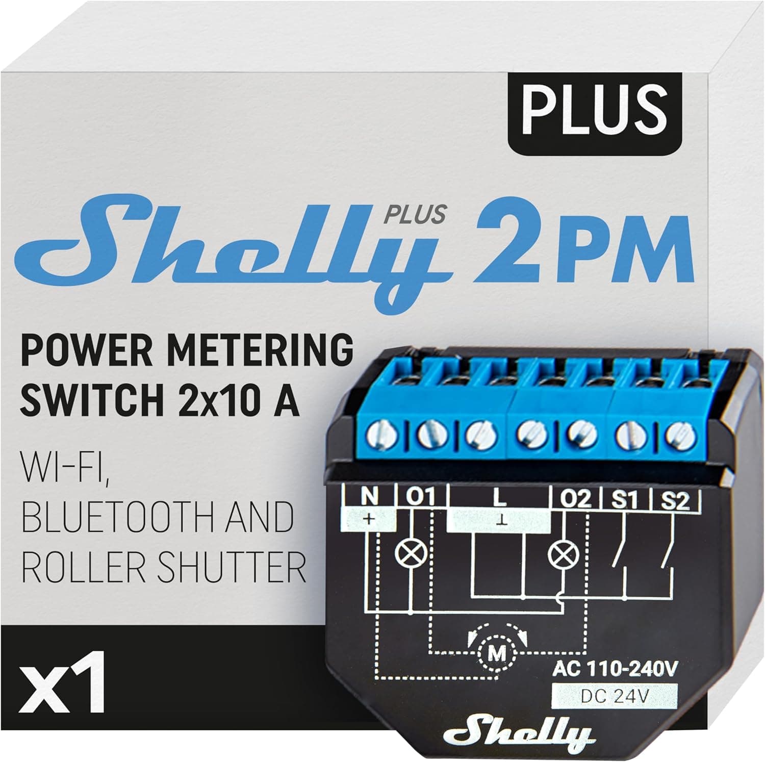 Shelly Plus 2PM Interruptor inteligente WiFi e Bluetooth, para cortinas e persianas, 2 canais, 16 A, medição de energia e temporizador, controlo remoto por telefone, compatível com Alexa e Google Home
