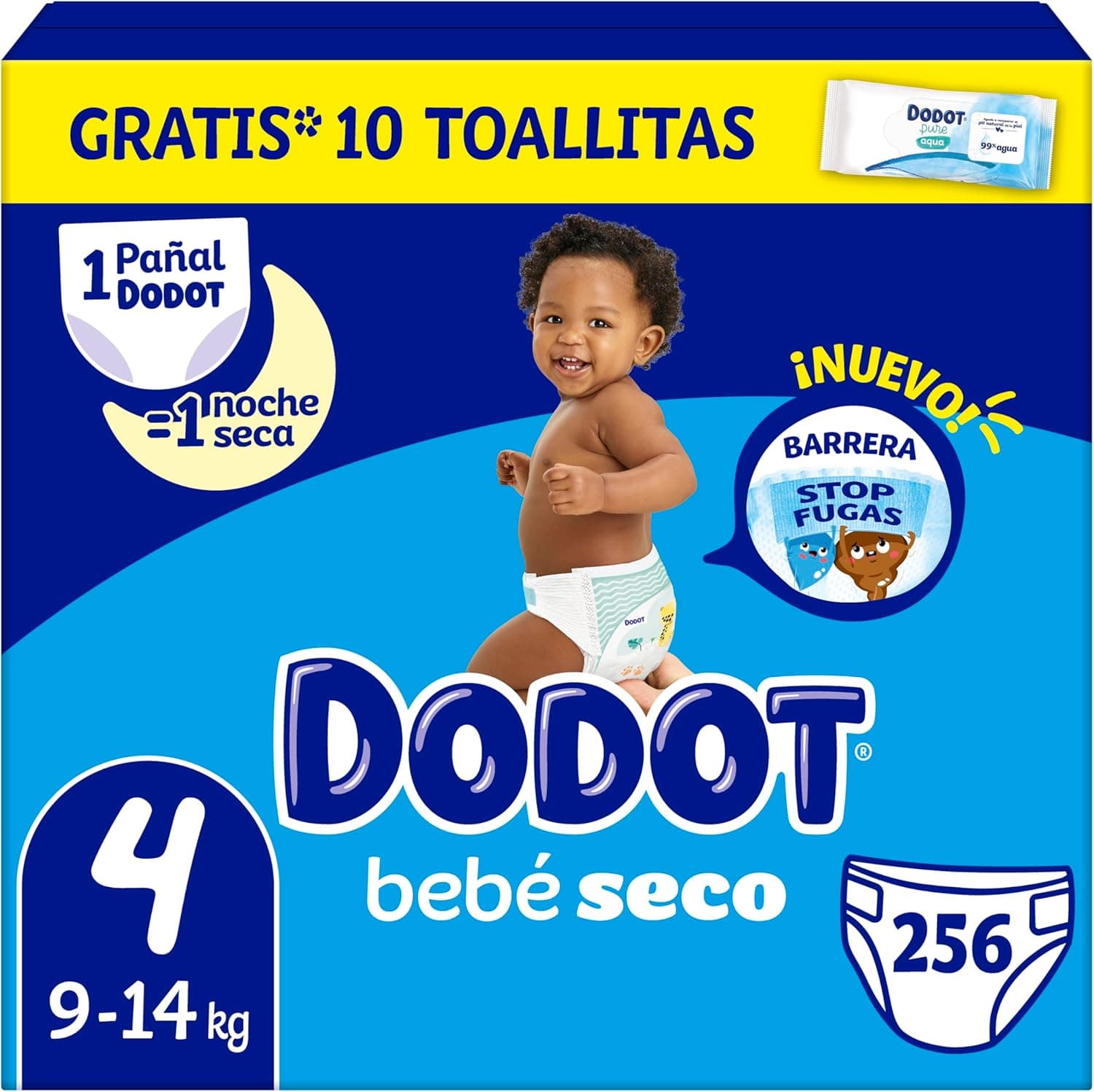 Dodot Fraldas Bebé-Seco, Tamanho 4 (9-14 kg), 256 Fraldas + 1 Pack de 10 Toalhitas de Oferta Aqua Plastic Free, Até 100% Livre de Fugas Durante a Noite, Pack Mensal