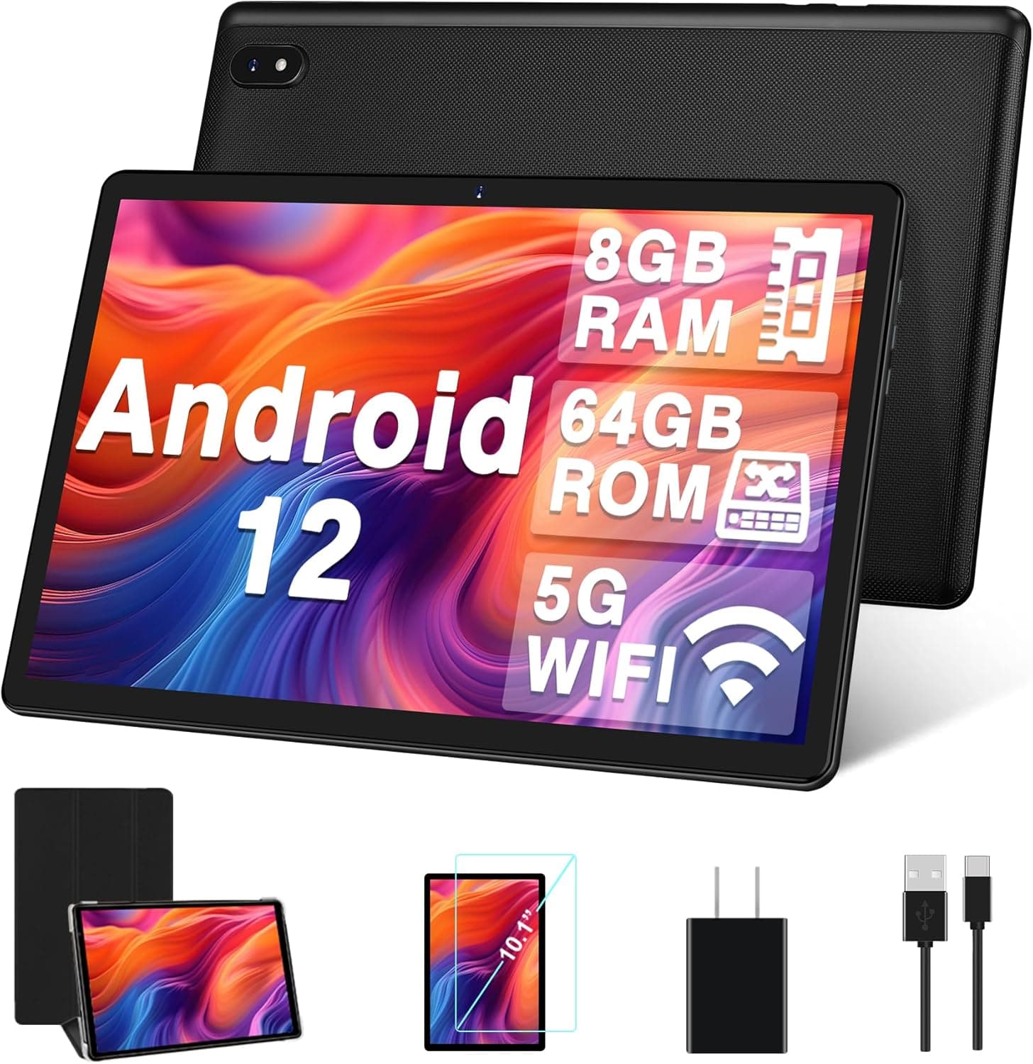 DMOAO Tablet Android 12 de 10 polegadas com 5G Wi-Fi, tablets HD com 8 GB RAM + 64 GB ROM (expansível até 1 TB), GPS, 8 cores 2,0 GHz, Bluetooth 5.0, 1280 x 800 IPS, USB-C, 6000 m. Ah, preto