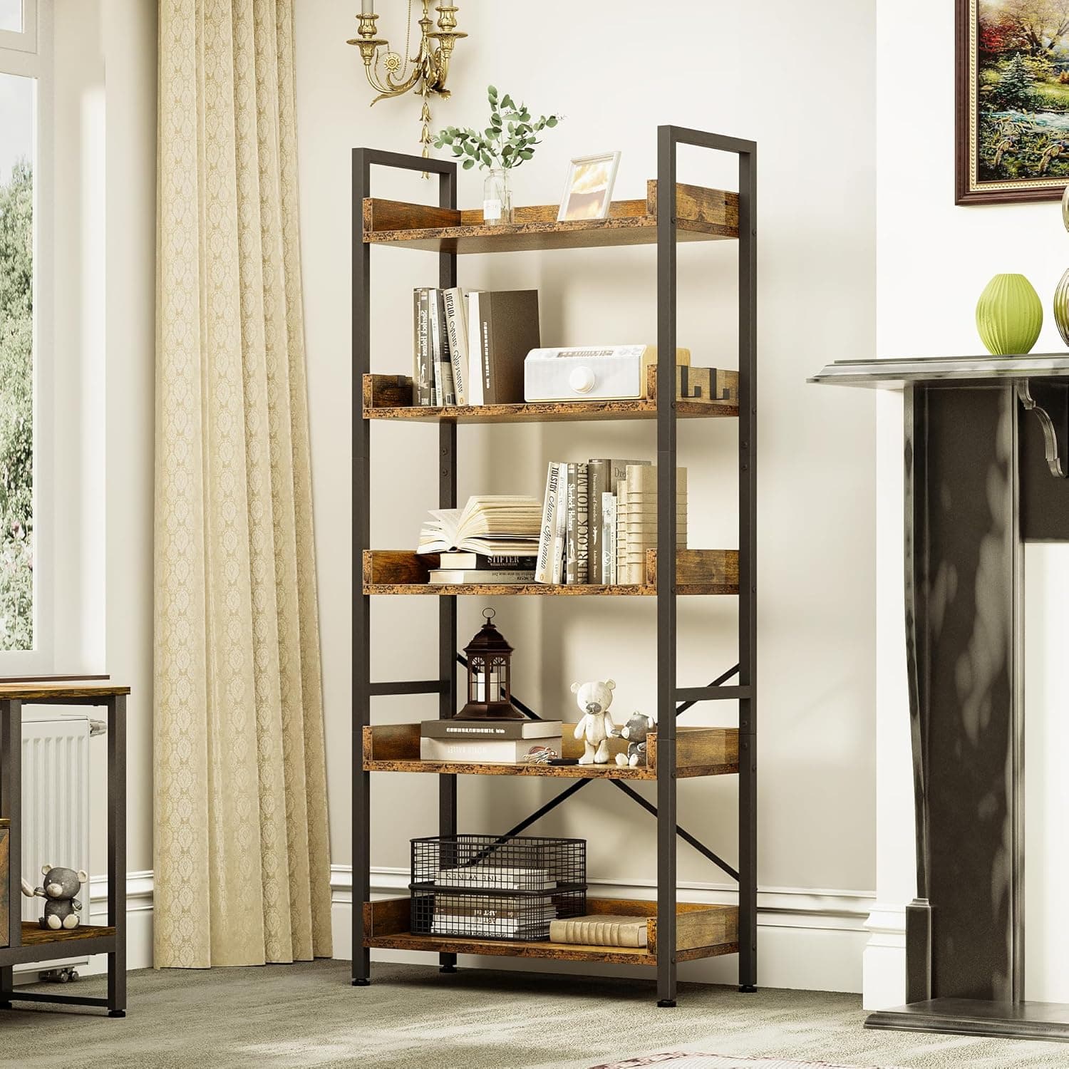 YITAHOME Prateleira de 5 níveis, livraria de pé para livros, prateleira de madeira e estrutura de aço estável, com 4 ganchos, livraria de armazenamento industrial para sala de estar, castanho rústico