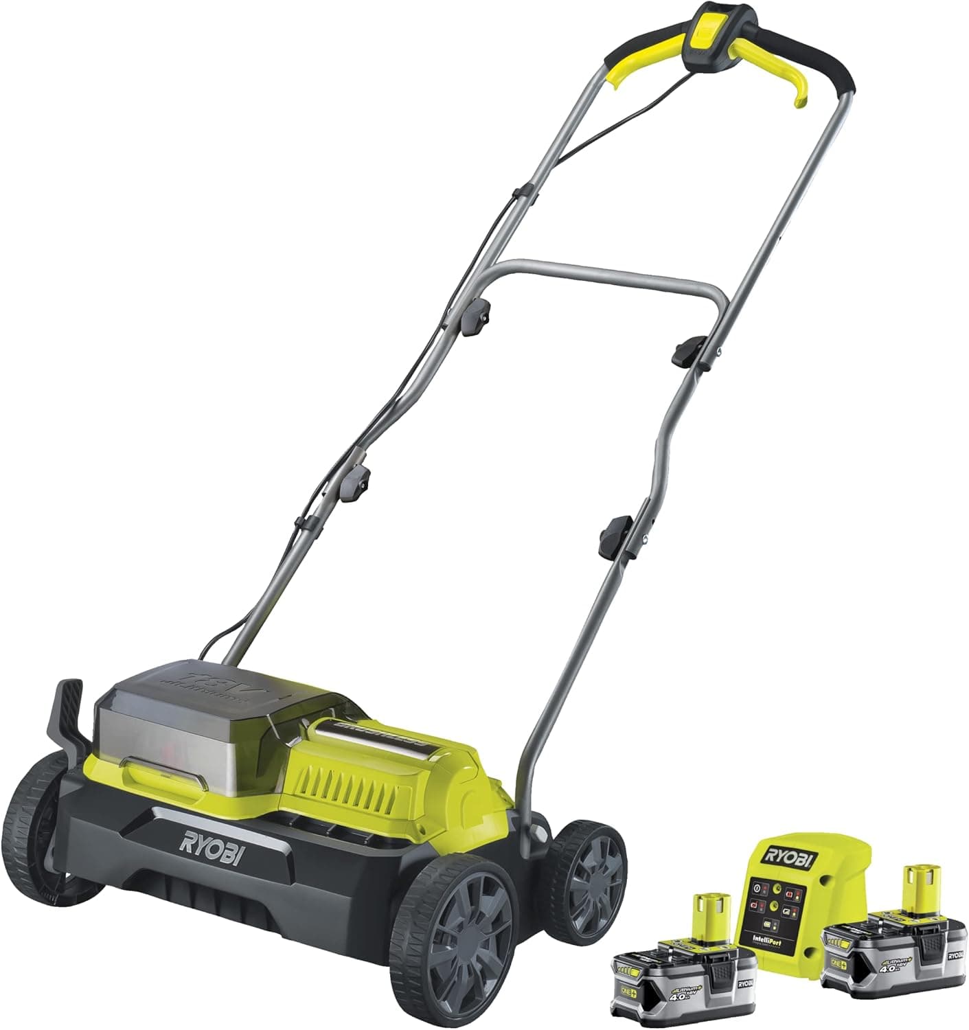 RYOBI - Corta-relvas sem fios 18 V ONE+ com 2 baterias de 4,0 Ah e carregador de 2,0 A e saco de recolha 55 l, largura de 35 cm, 4 posições, 16 lâminas - Punho ajustável - RY18SFX35A-240