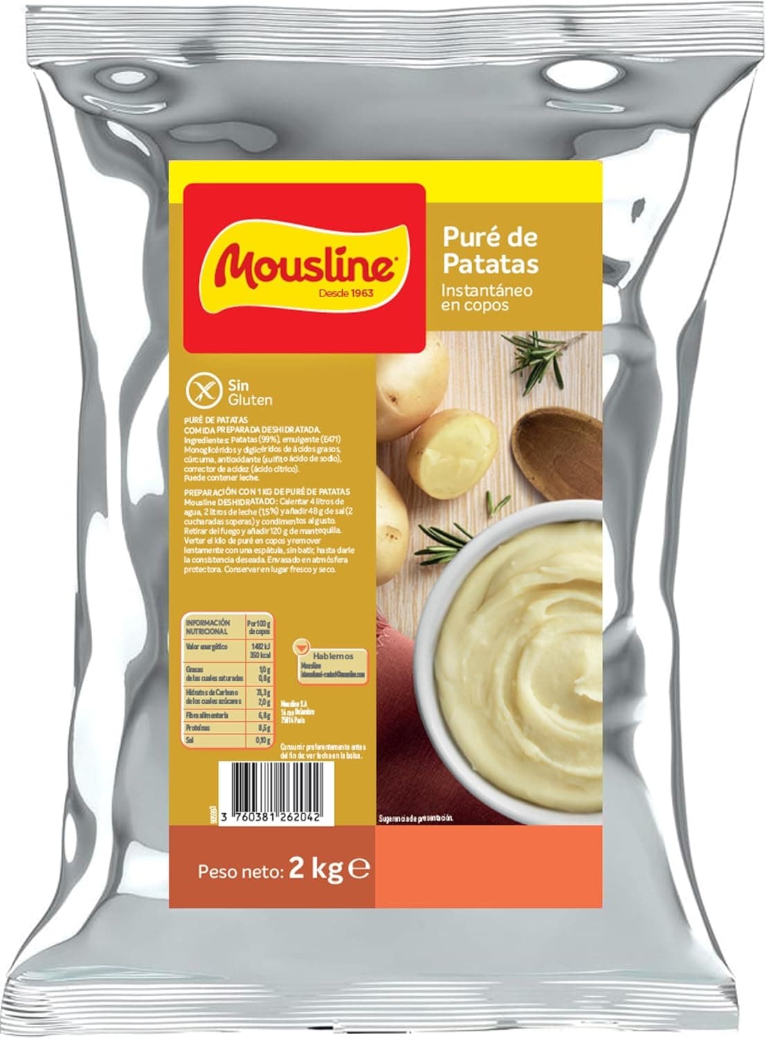 Mousline - Puré de batatas em flocos instantâneo - ingredientes de primeira qualidade - preparação fácil e rápida - ideal para receitas elaboradas - pacote de 2 kg