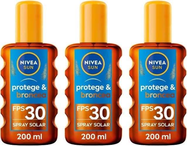 NIVEA SUN Protege & Bronze – Óleo solar ativador de bronzeado FP30, proteção alta, resistente à água, 0% autobronzeador, 200 ml x3