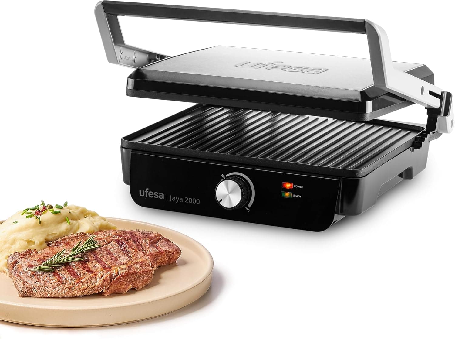 Ufesa Jaya Grill elétrico de 2000, Panini Press Grill, 2000 W, placas antiaderentes, 29 x 23,2 cm, abertura 180º, pega com toque frio, regulador de temperatura, preto Inox