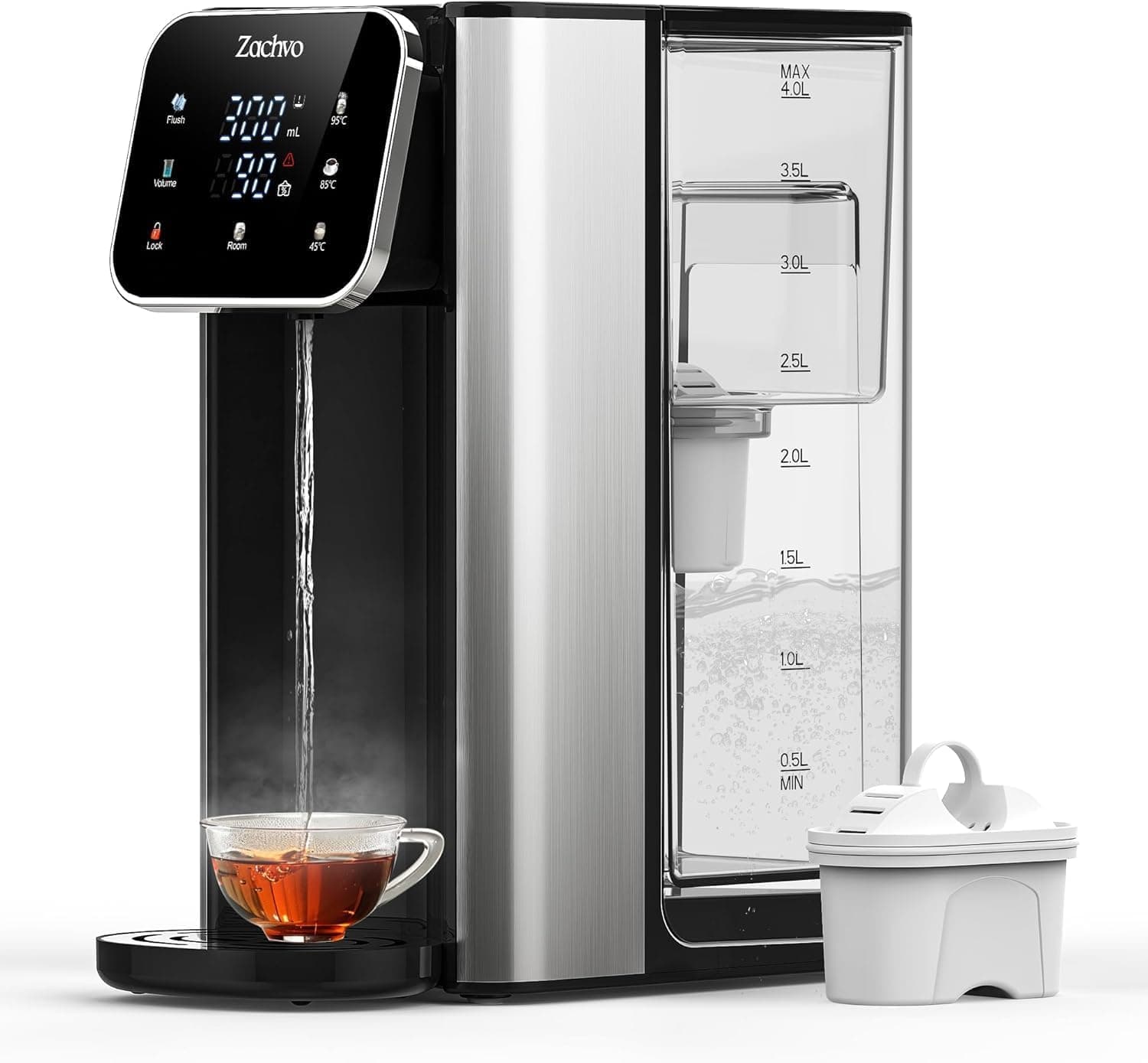 ZACHVO UR05-2200W | Dispensador de água quente compacto com 4 níveis de temperatura, 3 volumes de água e depósito de 4 L para cozinha e escritório