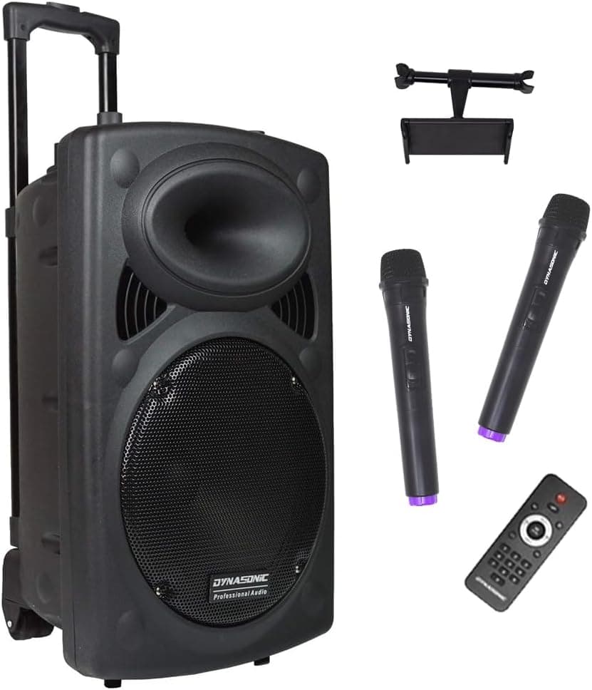 DYNASONIC - DYNAPRO 15 Plus (3ª geração) Altifalante Bluetooth portátil profissional, altifalante Bluetooth potente 1000 W 2 microfones karaoke e suporte para tablet