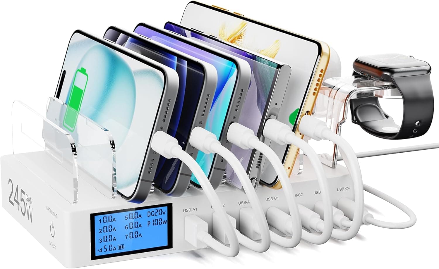 Sanicata 245W | Estação de carregamento com LCD e 7 portas USB e Type C para portáteis e smartphones
