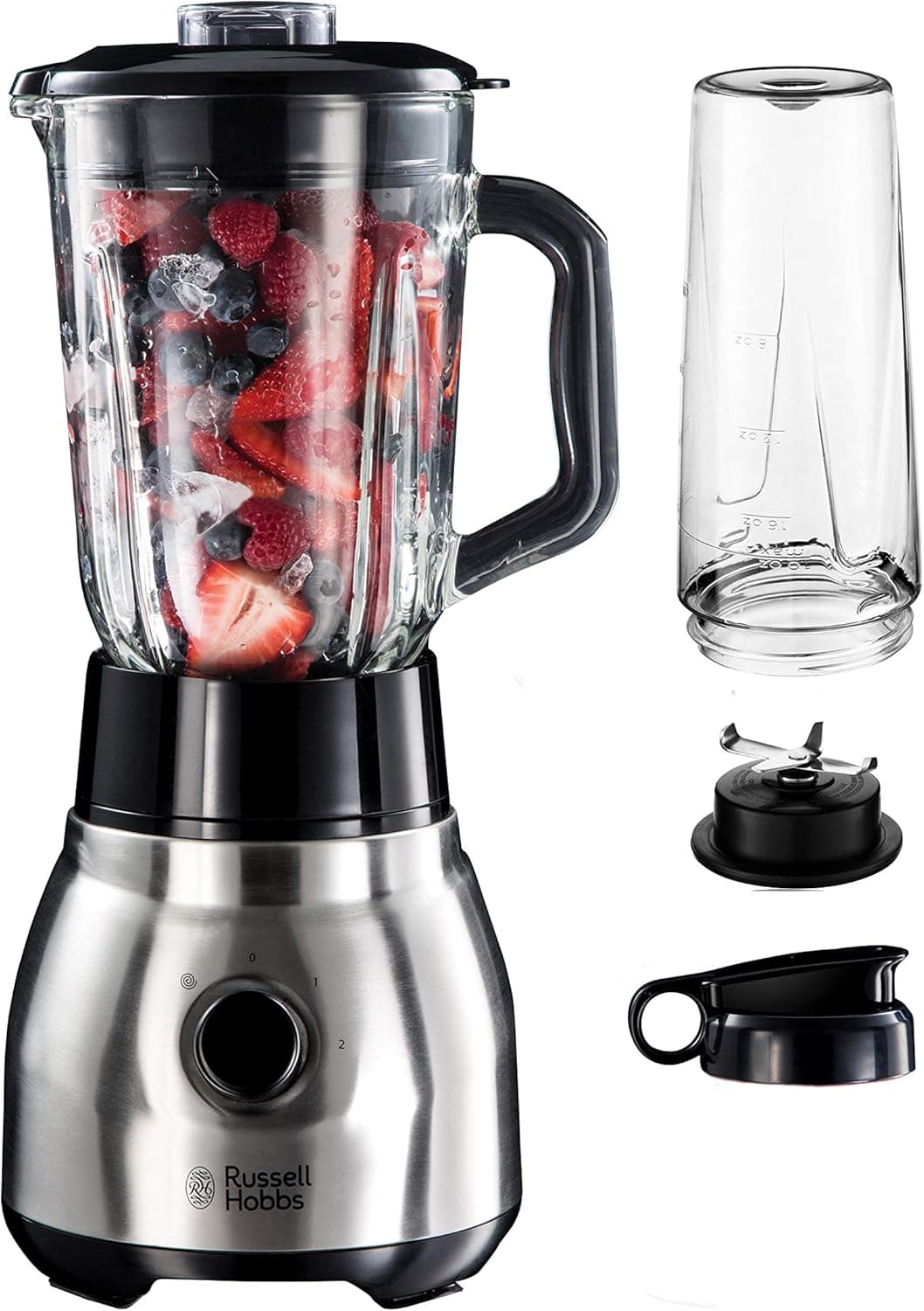 Russell Hobbs Liquidificadora Stainless-Steel 2 em 1, Liquidificadora Smoothie, jarro de vidro 1,5 l, copo para sumo e batidos, lâmina de aço inoxidável de 4 pontas, bloqueio de segurança, prata