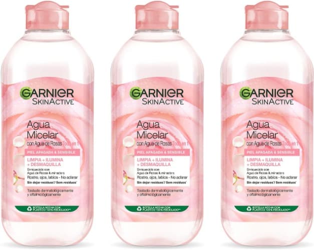 GARNIER Skin Active água micelar com água de rosas para pele fechada e sensível, desmaquilhagem, limpa e ilumina num só gesto, adequado para rosto, lábios e olhos, 400 ml x 3
