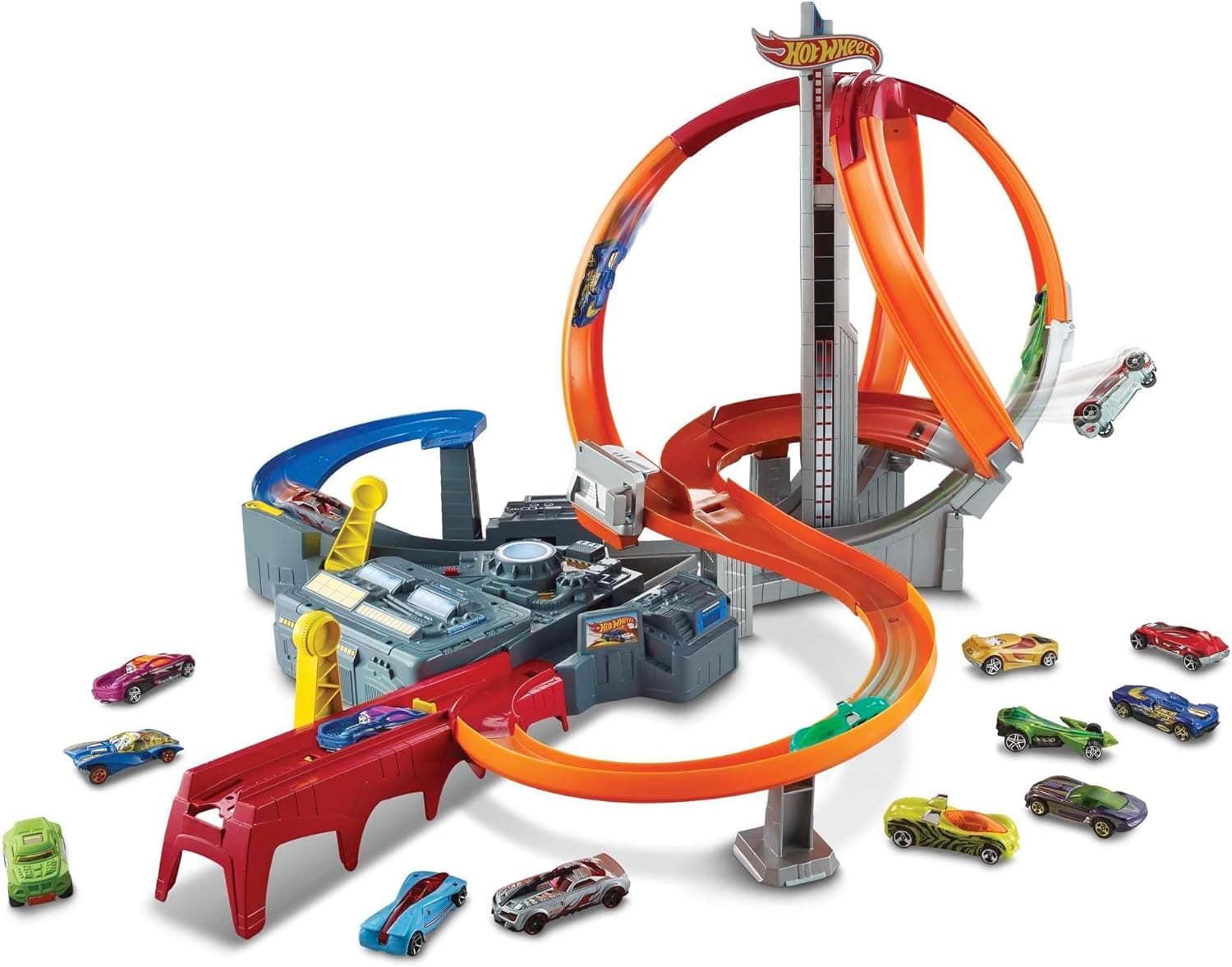 Hot Wheels Pista de carros de brinquedos Spin Storm com dois lançadores e dois loopings (Mattel CDL45)