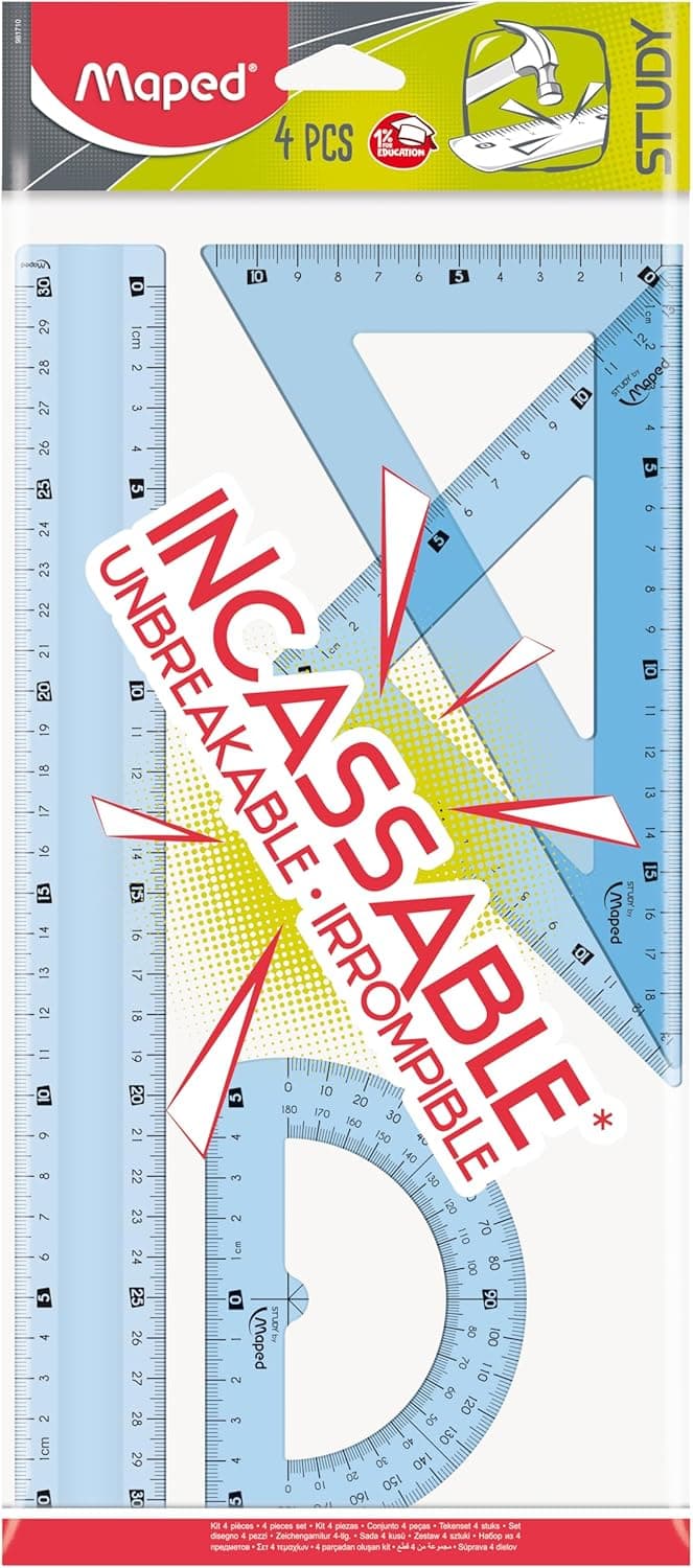 Maped School Rules Study Unbreakable | Conjunto de 4 peças com régua 30 cm, esquadros 21 cm e transferidor transparente