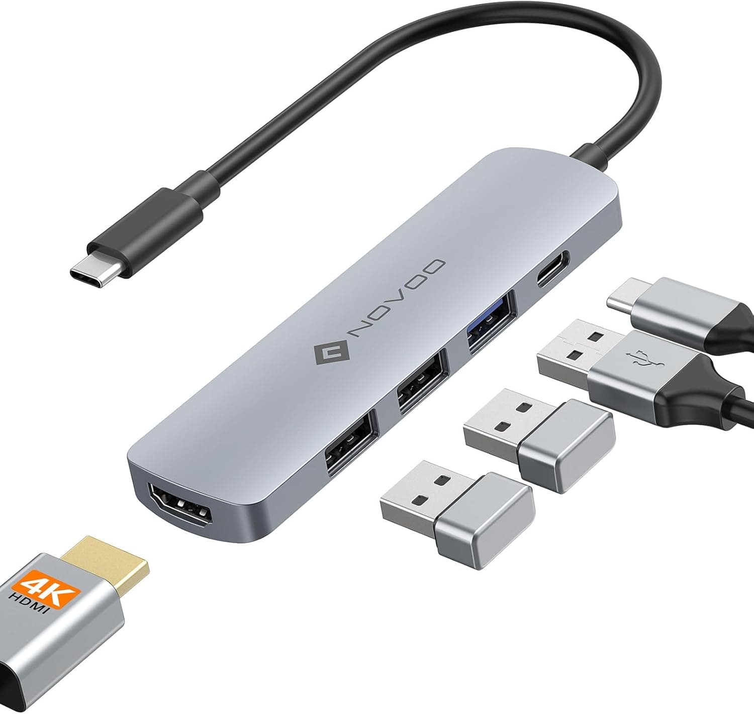NOVOO USB C Hub com 4K HDMI, 100 W PD, 3 portas de dados USB para base USB C de 5 Gbps adaptador multiporta para iPhone 15/15 Pro, MacBook Pro/Air M1/M2, iPad Pro, Surface, XPS, Thinkpad, Galaxy