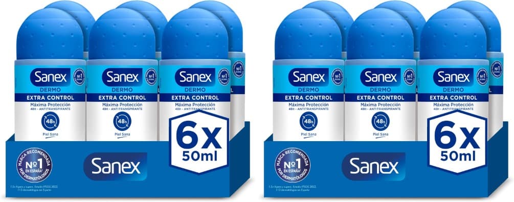 Sanex Dermo Extra controlo desodorizante Roll-On, desodorizante anti-respirável, até 48H de proteção contra o suor e o odor, restaura o pH natural da pele, 12 x 50 ml