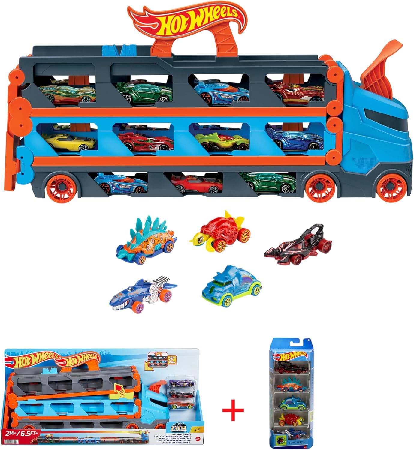 Hot Wheels HGH33 01806 | Pista de carros com camião e lançador mais conjunto de 5 carros diecast 1:64 para crianças