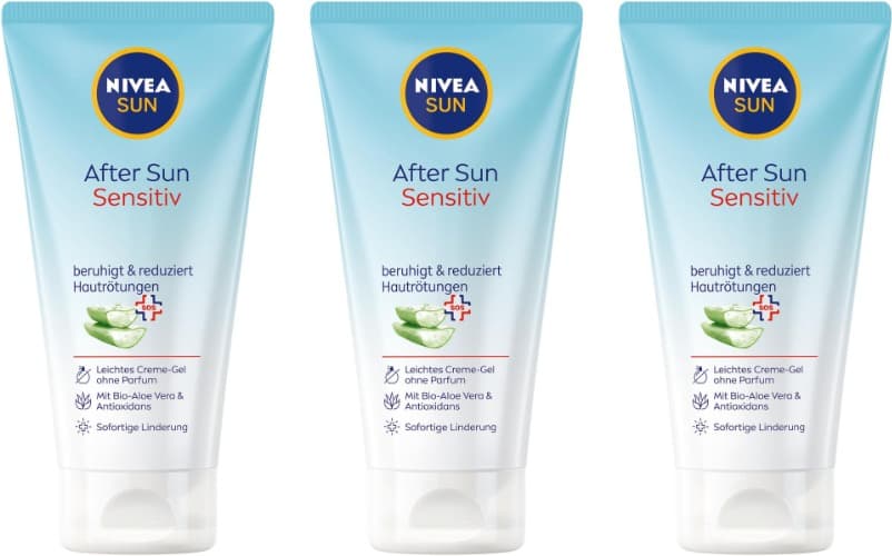 NIVEA SUN Sensitive | Gel pós-solar para pele sensível com aloé vera biológico e ação refrescante, 175 ml x 3