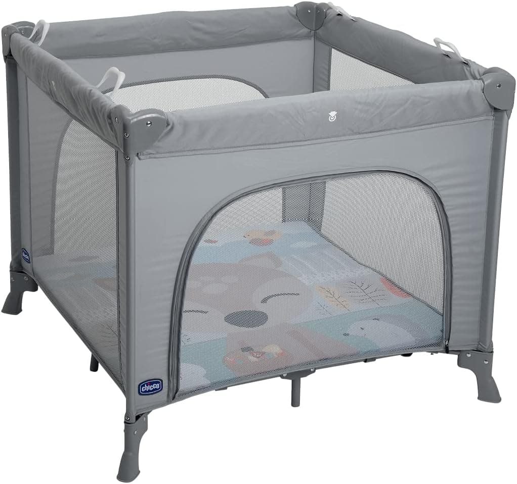 Chicco Open Box Parque de bebé de 0 meses a 15 kg, parque dobrável e compacto, parque de jogos com tapete removível, janelas de malha, 4 asas e saco de transporte, cinzento (Fawn)