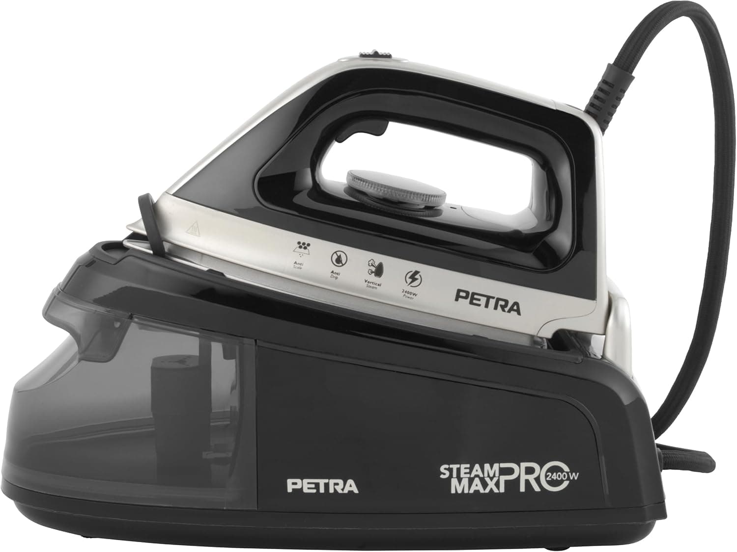Petra PF01137VDE Centro de passar a vapor, reservatório removível de 1,2 l, 2400 W, cabo de 2 m com armazenamento, base cerâmica, anticalcário e anti-gotejamento, vapor vertical para cortinas e roupas