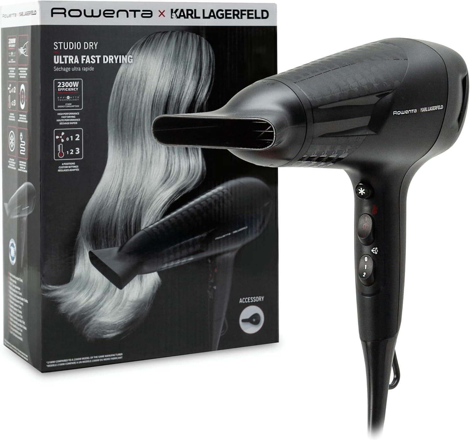 Rowenta x Karl Lagerfeld Studio Dry CV581L Secador de cabelo 2300 W, tecnologia Effiwatts, 6 configurações de temperatura, Thermocontrolo, gerador iónico sem frisar, preto