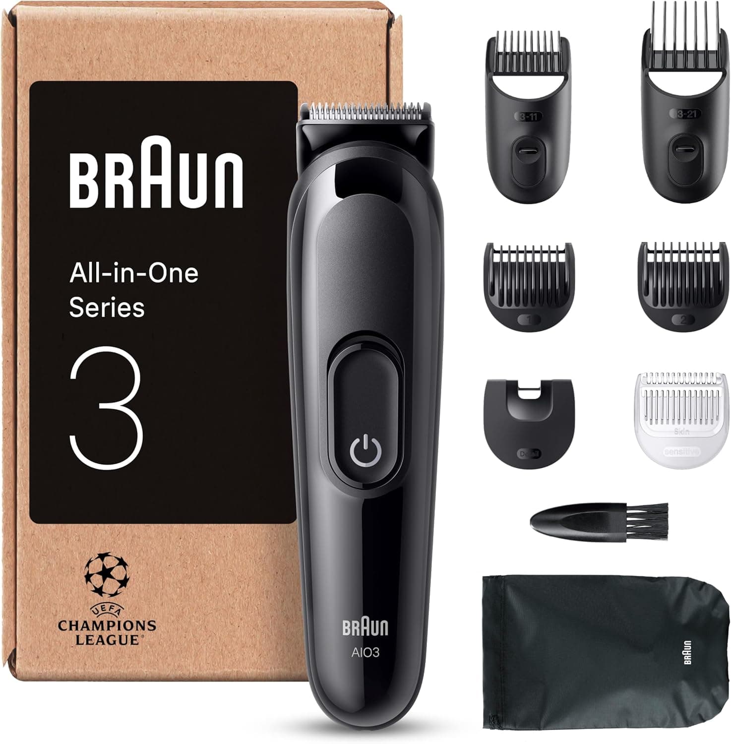 Braun Aparador tudo em um série 3 AIO3545, kit de Styling 8 em 1 para barba e cabelo, 14 comprimentos, máquina de cortar cabelo com 50 min de automonomia, corta-pelos homem, corte fácil e rápido,