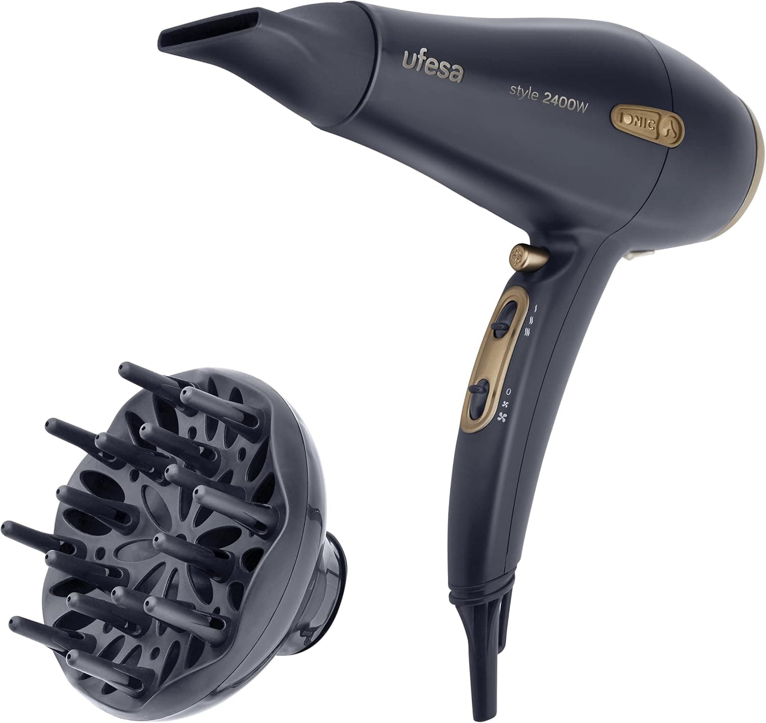 Ufesa SC8460 Secador iónico profissional motor AC 2400 W gerador de iões 2 velocidades 3 temperaturas difusor e concentrador boca estreita 6 mm, preto