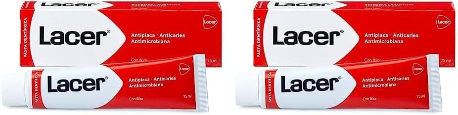 LACER - Pasta de dentes anti-placa, anti-cáries e anti-microbiana, 75 ml x 2