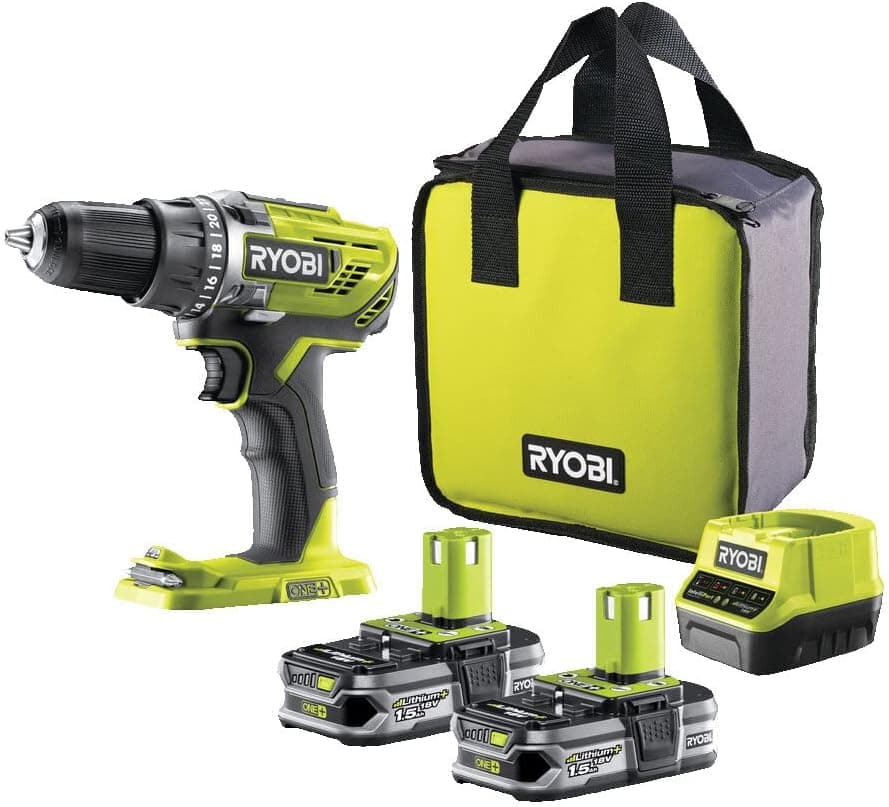 RYOBI Broca parafuso sem fios 18 V ONE+ com 2 baterias de 1,5 Ah, carregador e saco, 2 velocidades, porta-chaves 13 mm