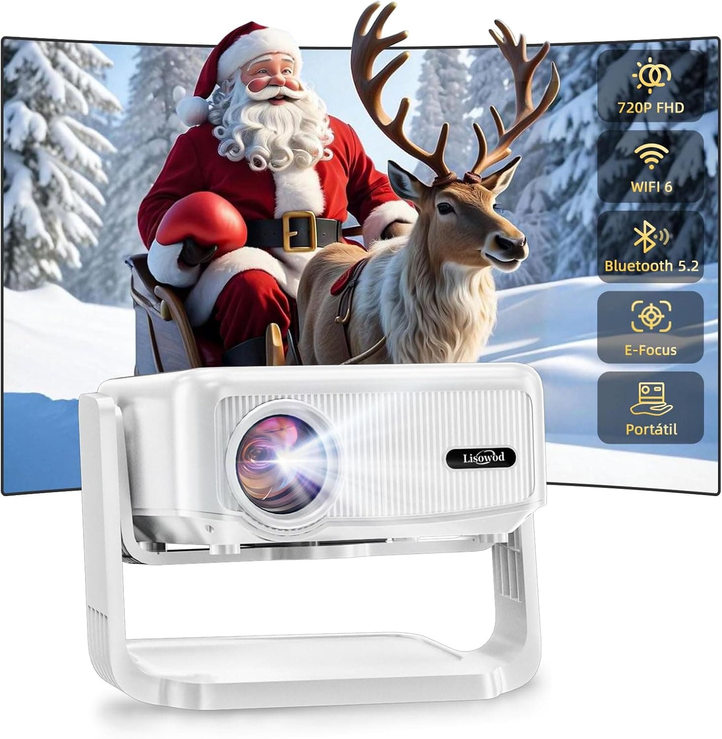 Projetor portátil com WiFi6 e BT5.2, Foco elétrico Full HD 1080P projetor com Auto Keystone 360° rotação silenciosa projetor portátil, projetor 4K suporte cinema em casa para Phone/HDMI/USB/TV Stick