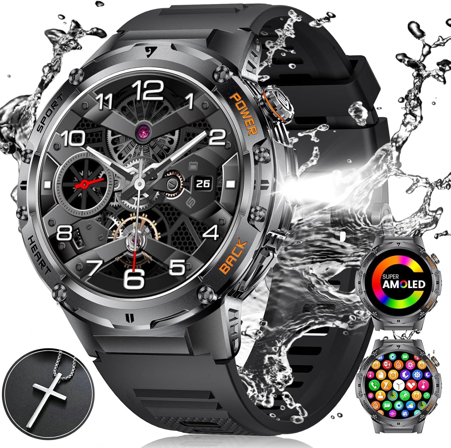 ESFOE Relógio inteligente homem com lanterna, 530 mAh, 1,43" AMOLED Smartwatch homem militar com 5ATM impermeável, 132 modos de desporto, monitor de sono, podómetro, smart watch chamadas Bluetooth