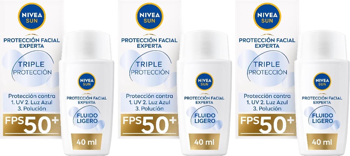 NIVEA SUN – Creme solar facial FP50 com tripla proteção e ácido hialurónico, ultraleve e hidratante, 40 ml – protege contra raios UV, luz azul e poluição x3