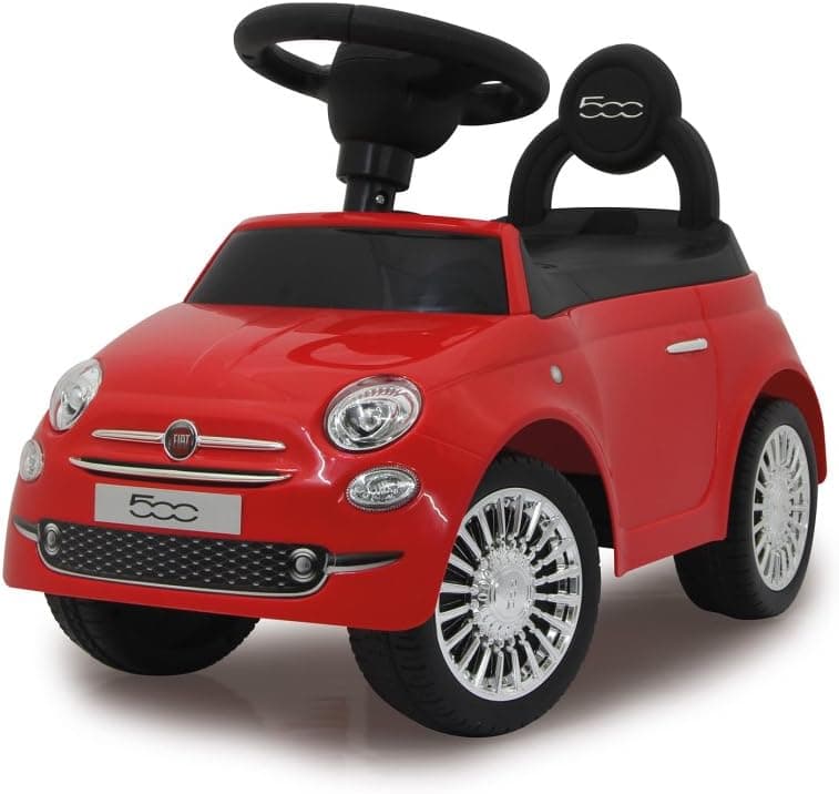Jamara Fiat 500 | Correpassos vermelho com porta-bagagens, asa de empurrar, buzina e proteção antiviragem para crianças
