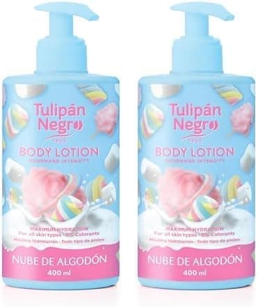 Tulipán Negro Loção corporal com doseador nuvem de algodão, hidratação máxima 400 ml, intensamente perfumado e para todos os tipos de pele, embalagem de 2 unidades