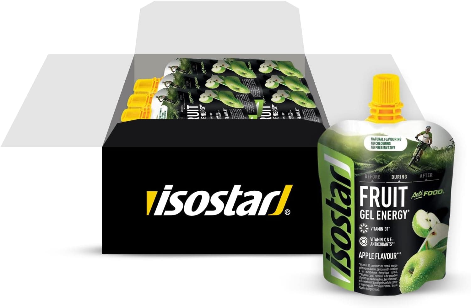 Isostar Actifood | Gel energético sabor maçã com vitaminas C, E e B1, caixa com 24 unidades de 90 g