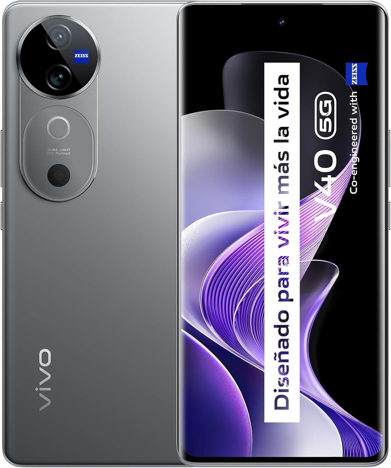 vivo Smartphone V40 5G, 12 GB RAM + 512 GB ROM, ecrã 6,78" AMOLED curva de 120 Hz, câmara 50 MP com óticas ZEISS, bateria BlueVolt XL de 5500 mAh, Flashcharge 80 W, prateado