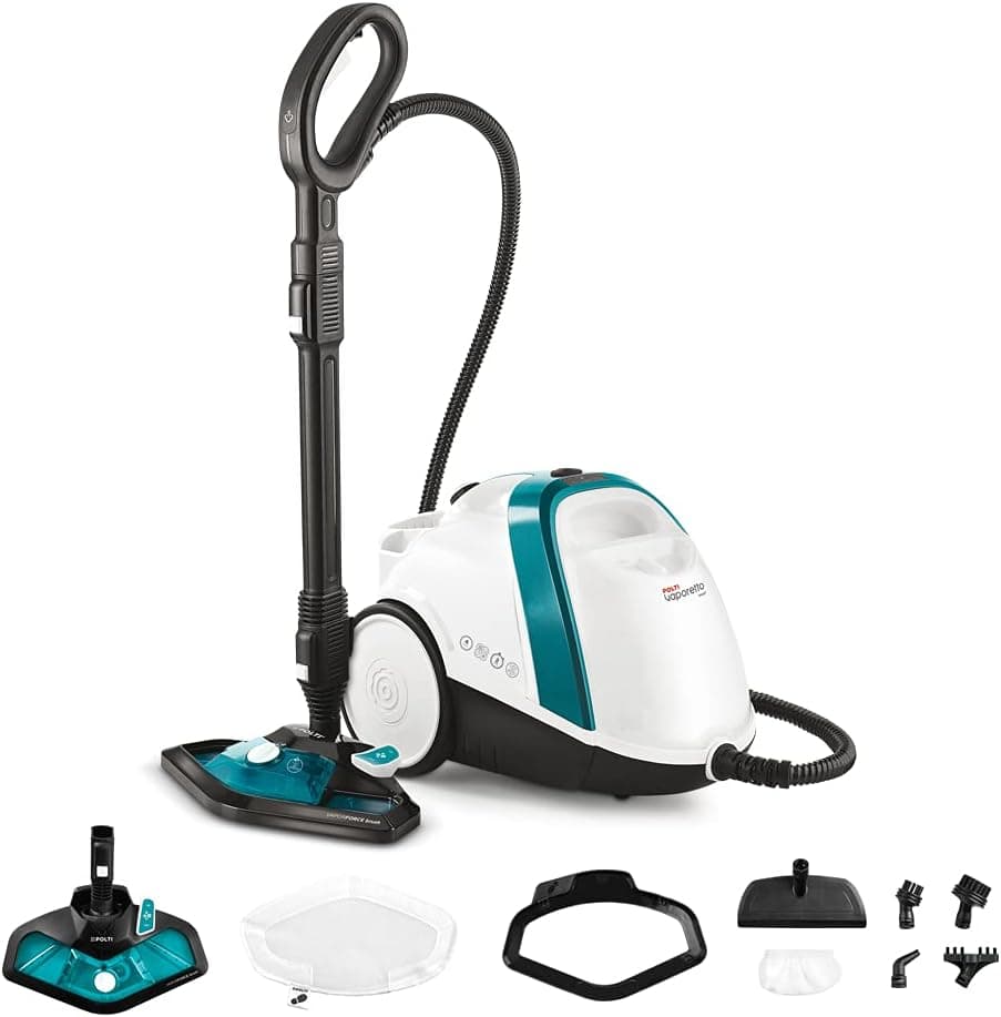 Polti Vaporetto Smart 100 T, limpador a vapor com caldeira de alta pressão de 4 bares, potência máxima de 1500 W, automonomia ilimitada e recarga contínua, 9 acessórios incluídos, branco e turquesa