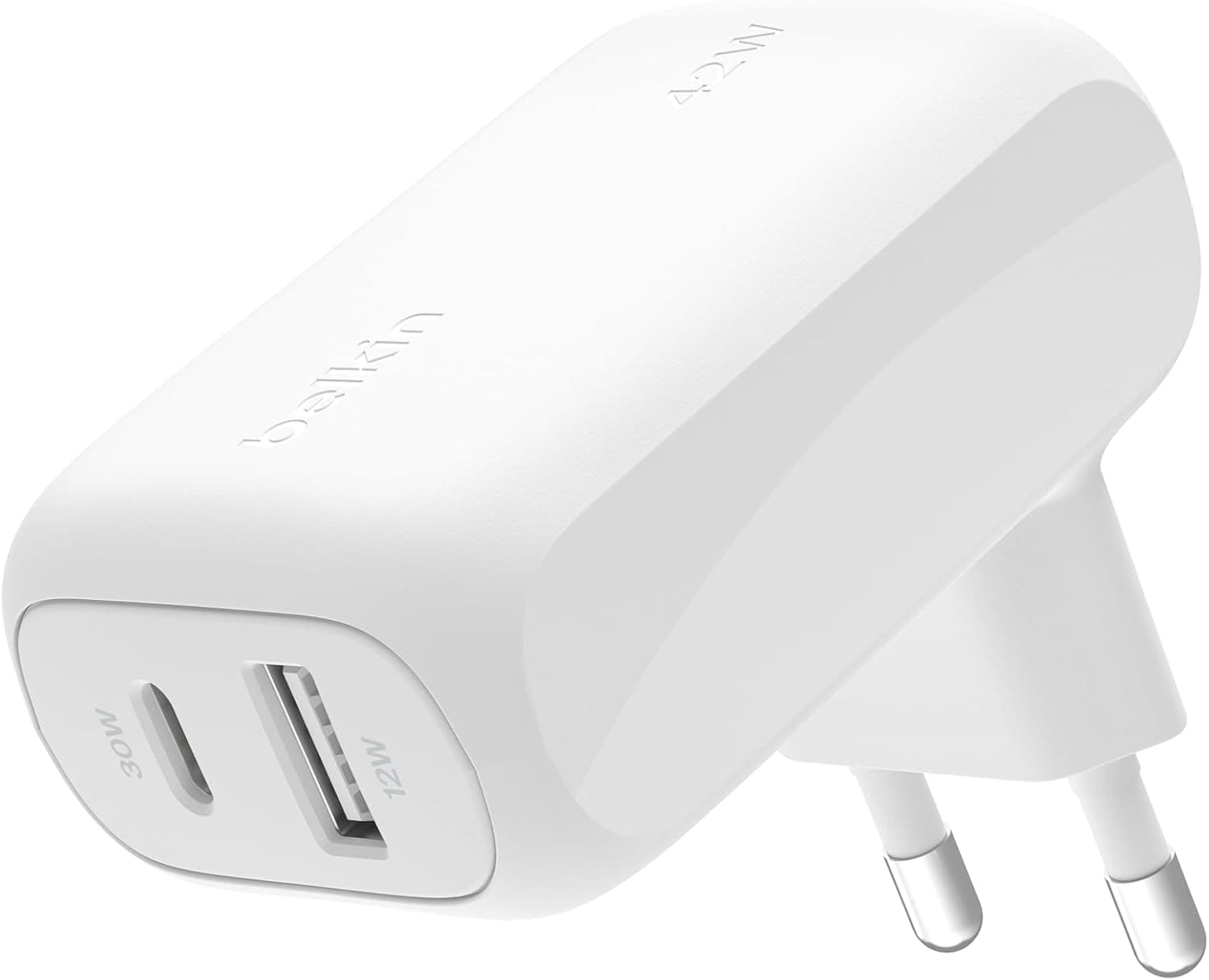Belkin BoostCharge Carregador de parede com duas portas de 42 W, USB-C e USB-A, carregamento rápido, para iPhone 16, 15, Samsung Galaxy S24, S23, Note, Google Pixel, iPad, MacBook e AirPods, branco