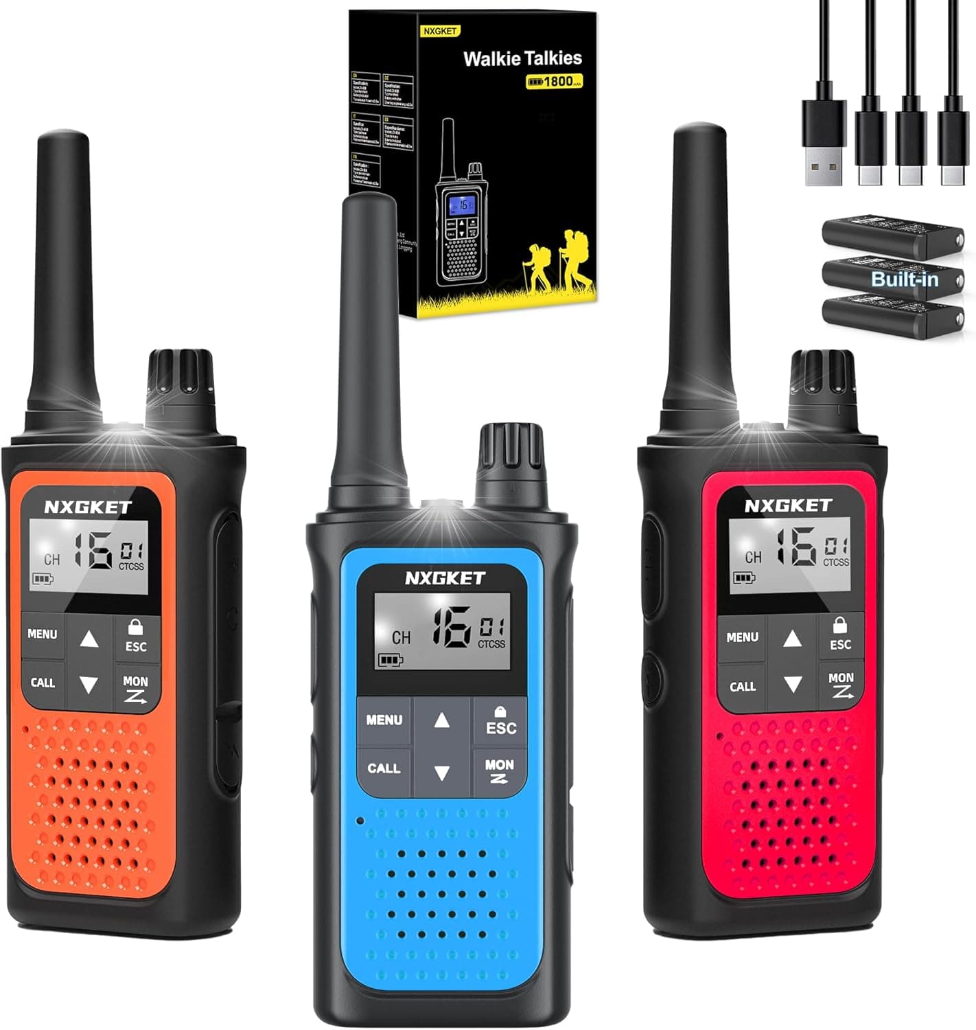 Walkie Talkie profissional recarregável, NXGKET 3 peças PMR 446 sem licença de rádio longo alcance 5 km com bateria incorporada, 16 canais rádio LCD ecrã e luz LED para campismo