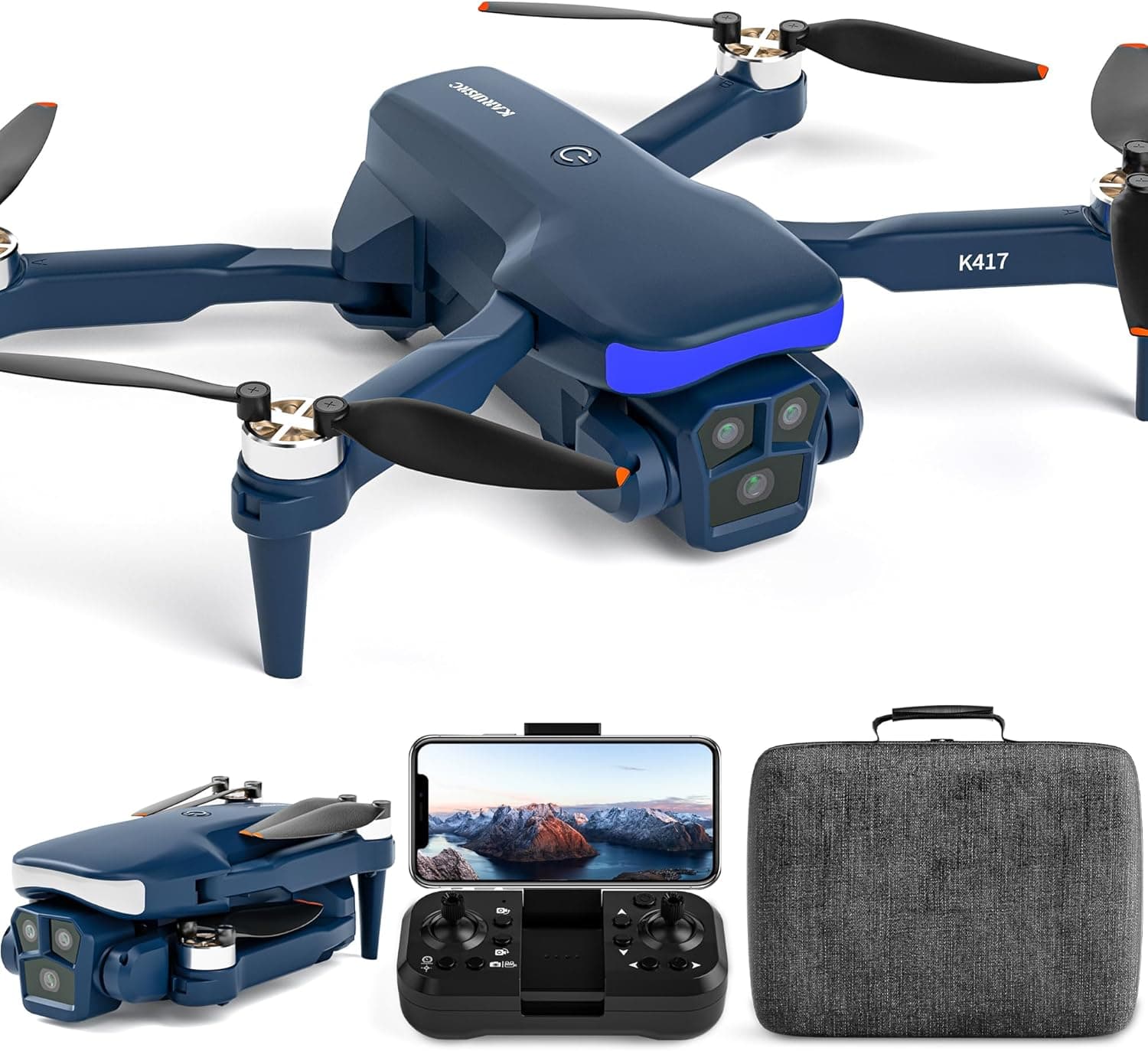 K417 Drone com câmara 1080P luz LED azul para crianças, ESC 90° ajustável elétrico FPV drone com vídeo, motor sem escova RC Quadcopter para adultos, mini drone com bolsa para iniciantes