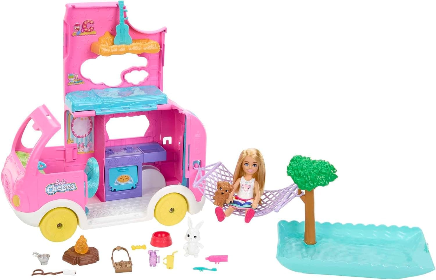 Barbie Chelsea com Camper Boneca com carro de brinquedo auto-caravana e acessórios, 3 anos (Mattel HNH90)