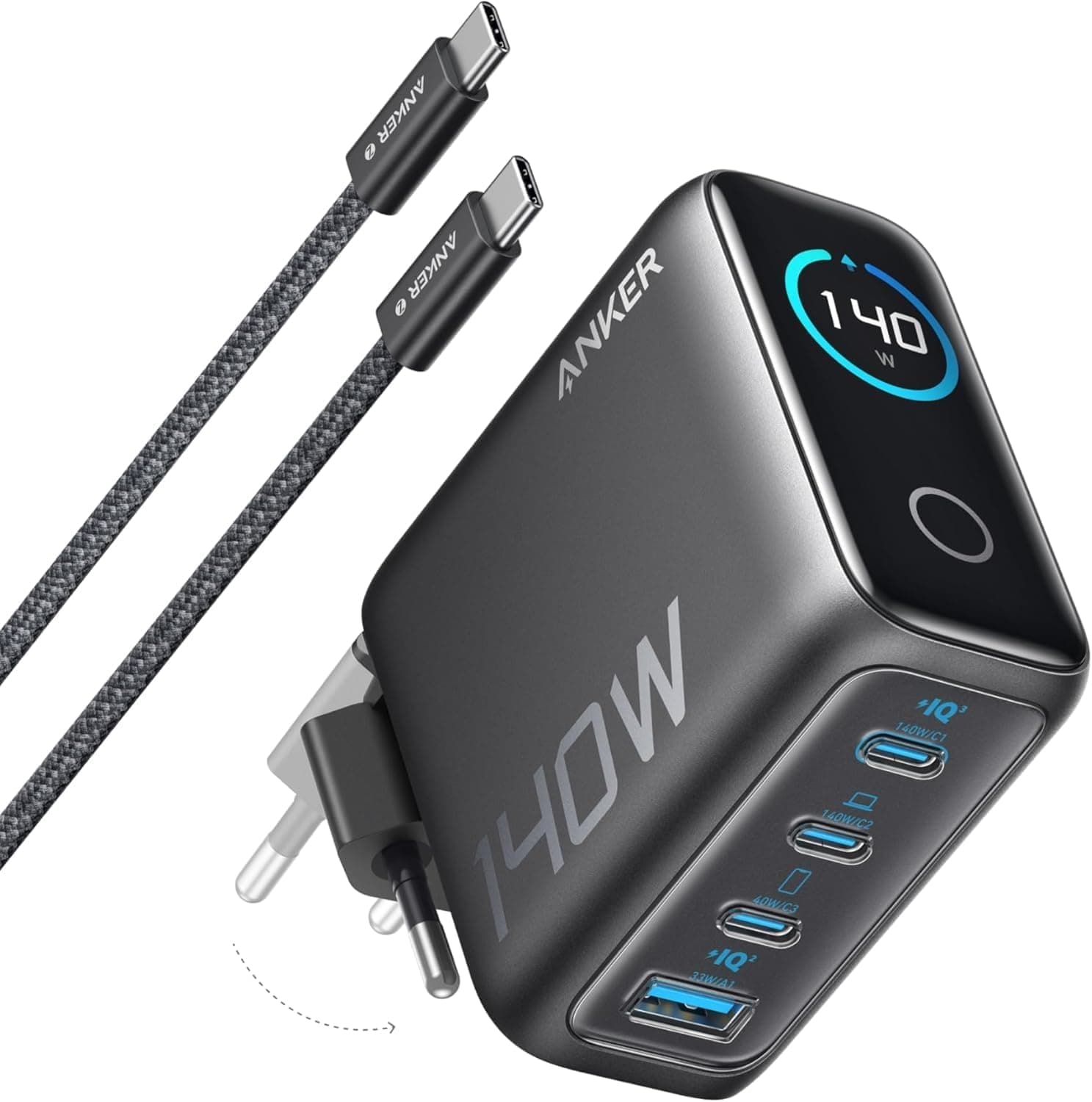 Anker Carregador USB C de carregamento rápido de 140 W, carregamento rápido de 4 portas, design intuitivo e compatível com MacBook, iPhone 16/15, Samsung, Pixel e muito mais