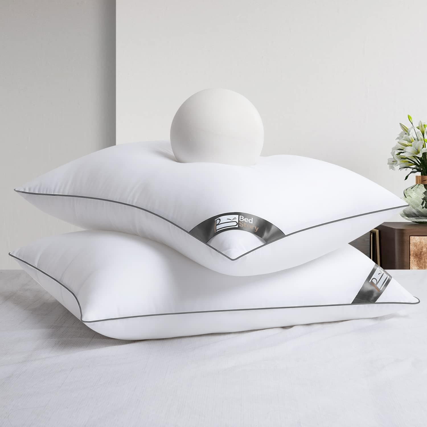 BedStory - Almofada de 65 x 65 cm, conjunto de 2, almofada de hotel, cor cinzento passa-poilado de luxo, almofada de conforto cheia de microfibra, garante o seu sono