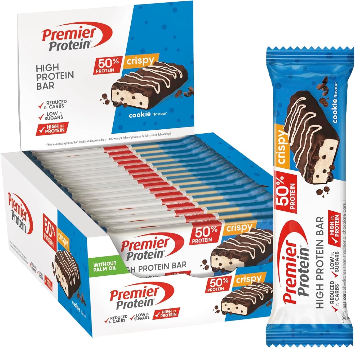 Premier Protein High Protein Bar Crispy Cookie 16 x 40 g - alto teor de proteínas sem óleo de palma