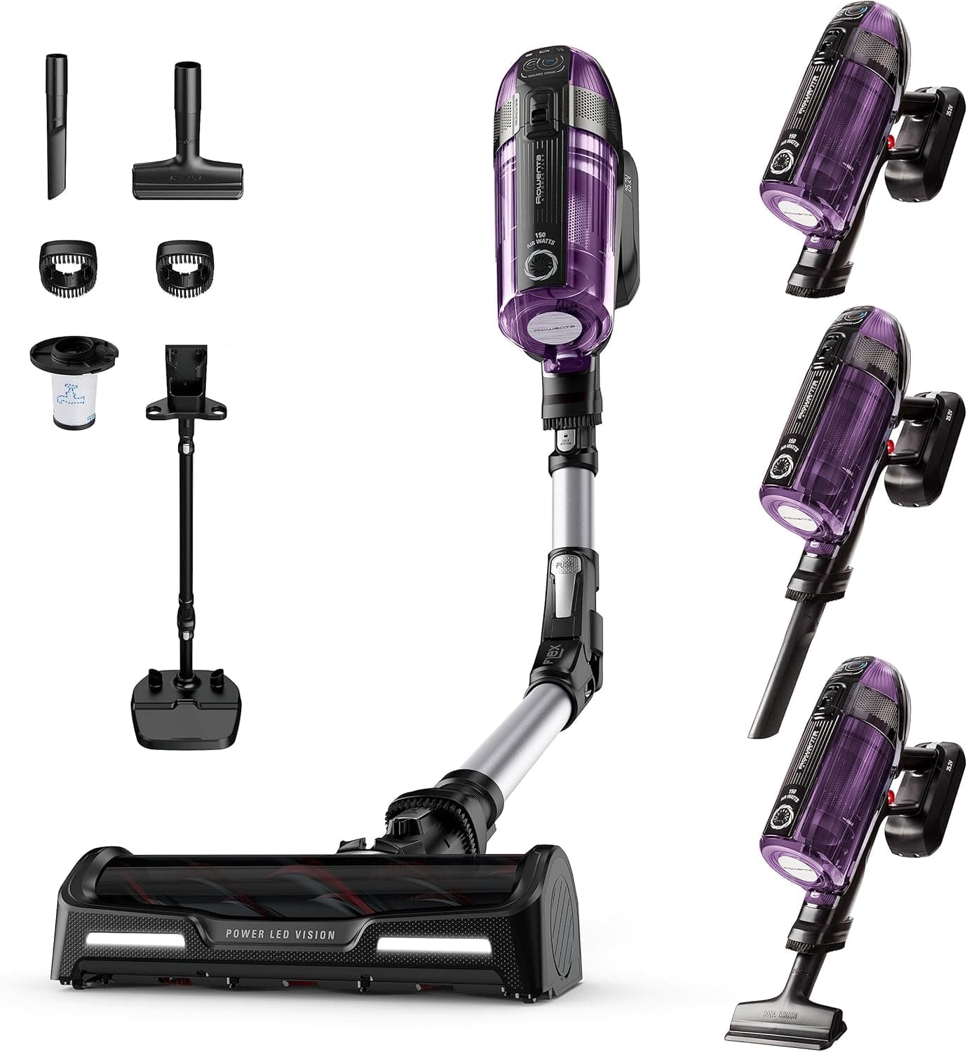 Rowenta Xforce Flex 12.60 Allergy RH98A0 Aspirador de escova sem cabos de 320 W de potência, para pisos, sofás e parede, filtra até 99,9% de partículas, grande depósito de 0,9 L, inclui acessórios