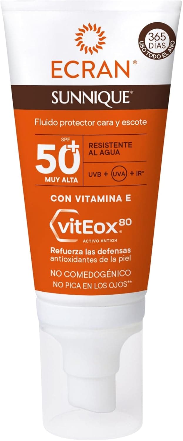 Ecran Sunnique FPS 50 Fluido protetor solar para pescoço e decote, proteção UVB UVA e IR-A, reforça as defesas, protege a pele, hidratação 24 h, fórmula com VitEox 80 - 50 ml