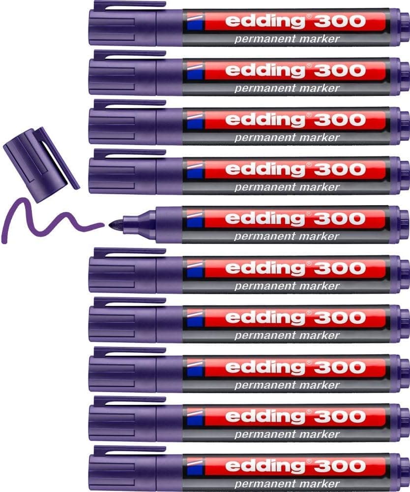 edding 300 Marcador permanente - violeta, 10 canetas de feltro - ponta redonda de 1,5-3 mm, impermeável, de secagem rápida, marcadores indeléveis, para cartão, plástico, vidro, madeira, metal
