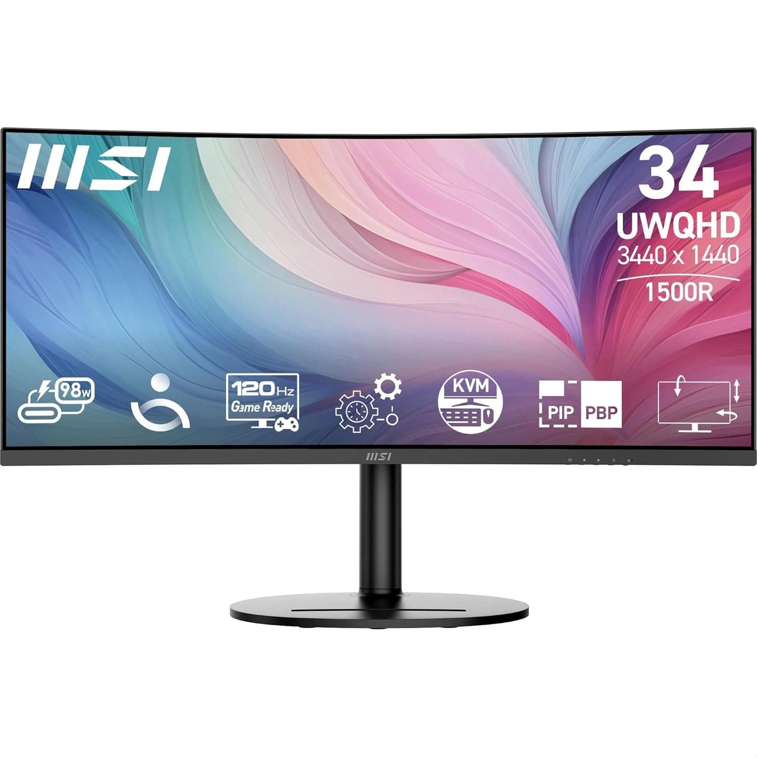 MSI Monitor curvo de 34 polegadas UWQHD 1500R, painel VA 3440 x 1440, KVM, Pip/PBP, amplo, altifalantes integrados, ajustável em 3 direções - HDMI 2.0b, DisplayPort (1,4 a )