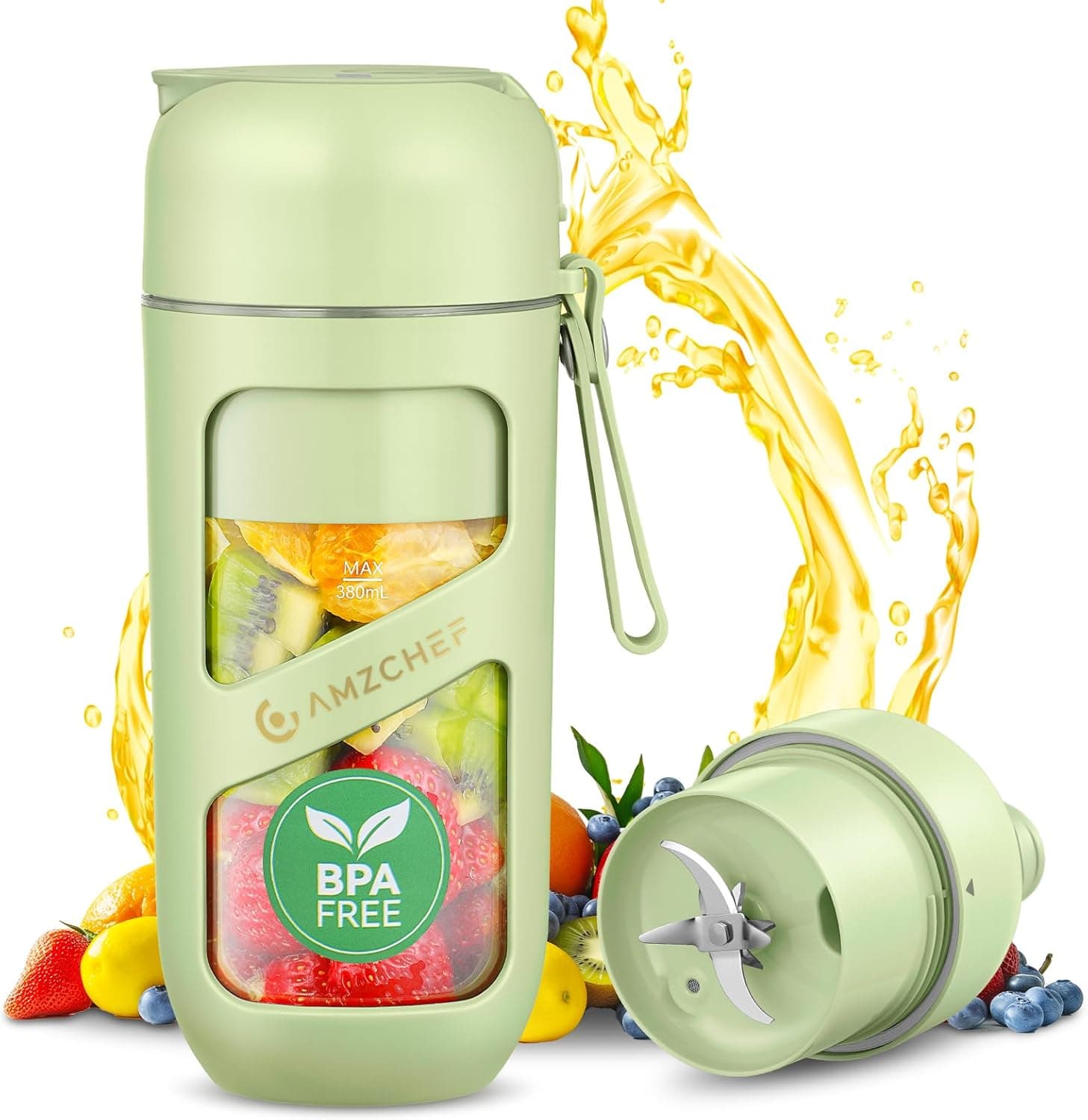AMZCHEF Liquidificadora de copo portátil, mini liquidificador a vácuo para batidos e smoothies, grande poder de corte com 10 lâminas, liquidificador portátil para desportos, viagens, caminhadas