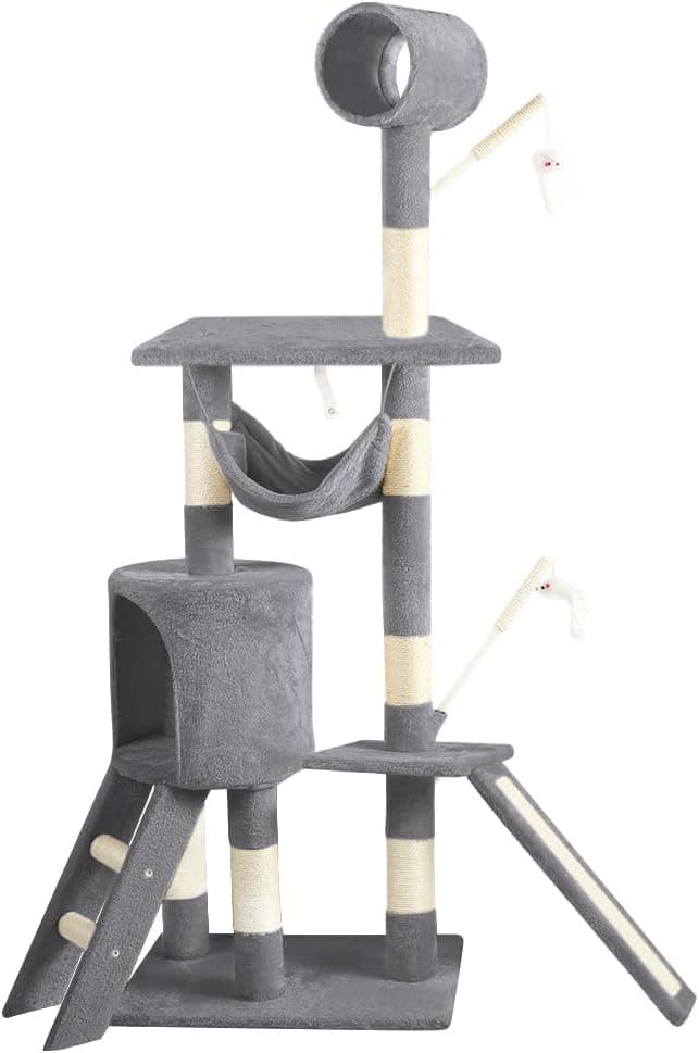 VOUNOT Árvore raspador para gatos grande com plataformas e abrigo, XXL 154 cm, cinzento